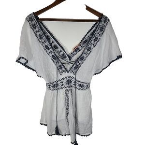 James Lacroix Gauzy Double V Neck Embroidered Boho Blouse Womens Large